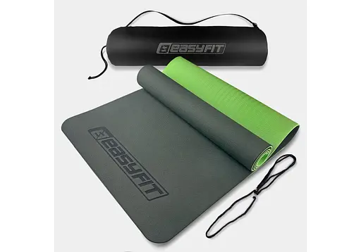 Коврик для йоги и фитнеса EasyFit TPE+TC 6 мм двухслойный + Чехол черный с зеленым (EF-1924s-BG) - фото 1