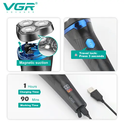 Електробритва чоловіча роторна VGR V-314 IPX6 LCD + дорожня сумочка (Чорний) - фото 4