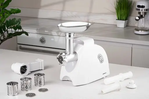 ARDESTO М'ясорубка, 1900Вт, 1.8кг/хв, 3 решітки, насадка для ковбас, кеббе, 4 терки, пластик, білий - фото 4