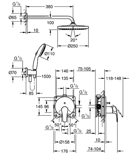 Душова система прихованого монтажу Grohe Eurosmart з Tempesta 250 25288000, Хром - фото 4
