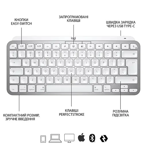 Клавіатура Logitech MX Keys Mini For Mac Wireless Illuminated Pale Gray (920-010526) - фото 6
