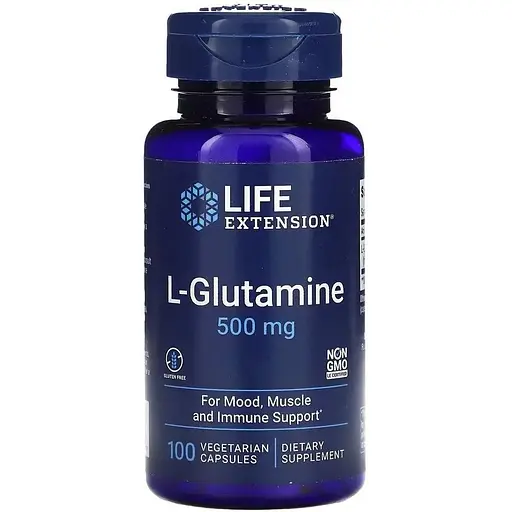 L-глютамин Life Extension L-Glutamine 500 mg, 100 вегакапсул для поддержки мышц, кишечника, иммунной системы