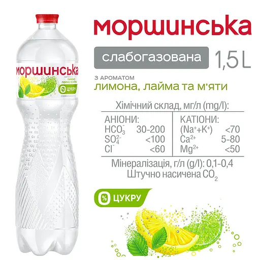 Уценка. Напиток Моршинская с ароматом лимона, лайма и мяты сильногазированный 1.5 л - фото 2