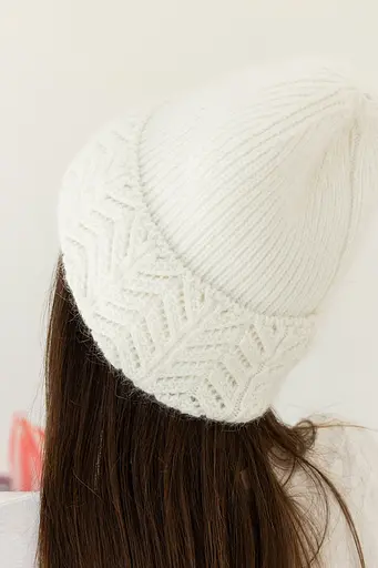 Женская вязаная шапка Ангора Ажур с флисовой подкладкой 60% ангора Белый - фото 2