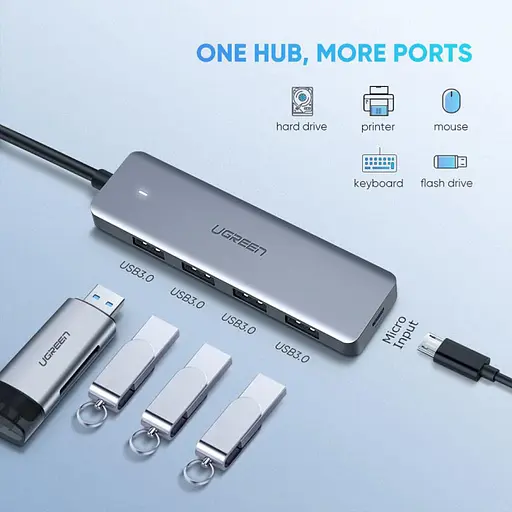 Usb концентратор хаб Ugreen CM219 4 Port Usb 3.0 Hub with Micro Usb Power Supply серебристый Разветвитель 70336 - фото 3