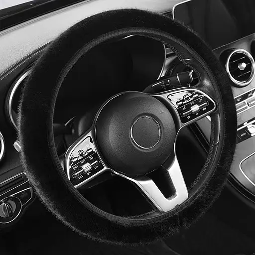 Зимний теплый мехово-плюшевый чехол на руль авто, диаметр 38 см, черного цвета, 1 шт - фото 2