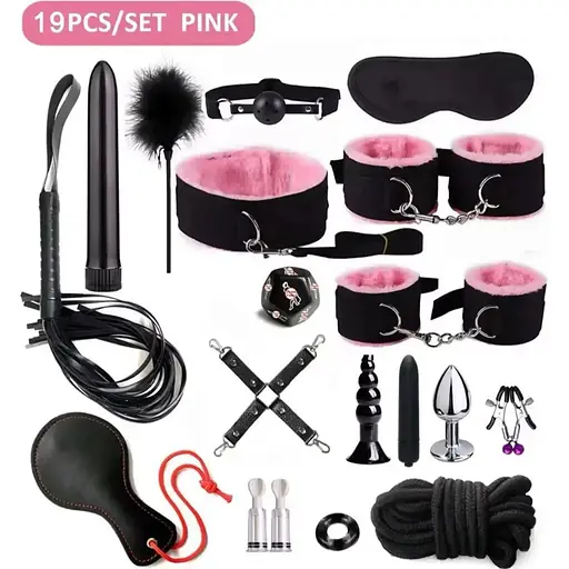 Эротический набор БДСМ для ролевых игр розовый, фиолетовый, красный, черный 19 предметов  - фото 1