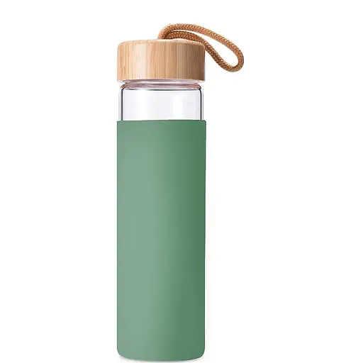 Бутылка стеклянная OldBro бамбуковая крышка с защитным силиконовым чехлом Olive 590 мл