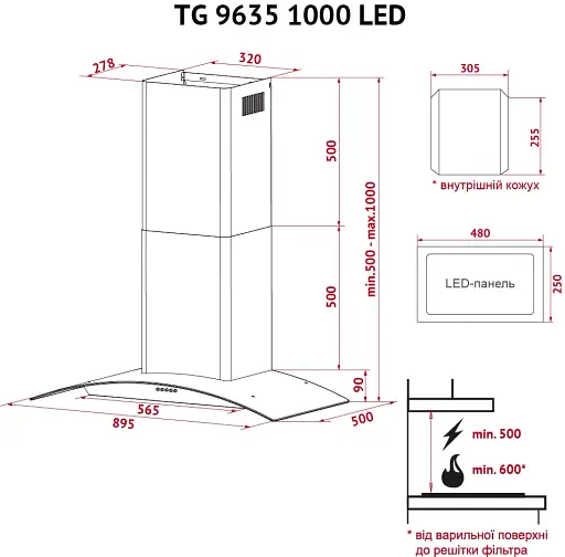 Вытяжка декоративная со стеклом PERFELLI TG 9635 I 1000 LED - фото 12