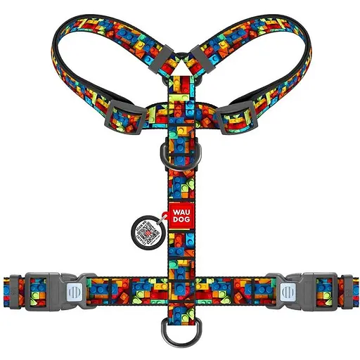 Шлея для собак Waudog Nylon анатомічна H-подібна з QR-паспортом, малюнок "Блоки", пластиковий фастекс, M - фото 2