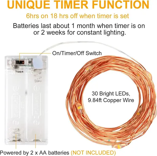 Innotree 6 шт. светодиодных сказочных гирлянд с батарейным питанием с таймером, 10 футов 30 светодиодов с батарейным питанием - фото 5