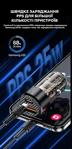 Зарядное устройство для автомобильного прикуривателя Toocki 60W (1 Type-C 30w + 1 USB 30w), Black Transparent - фото 2