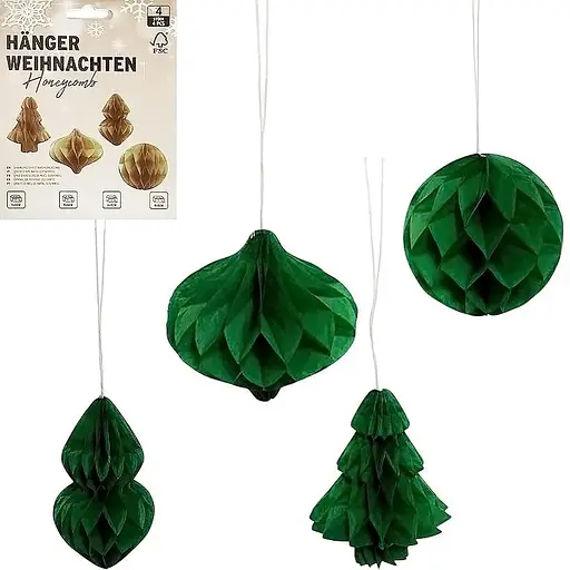 Набір підвісних паперових новорічних прикрас "Зелені фігури" Bambi CG-2, 4 шт - фото 1