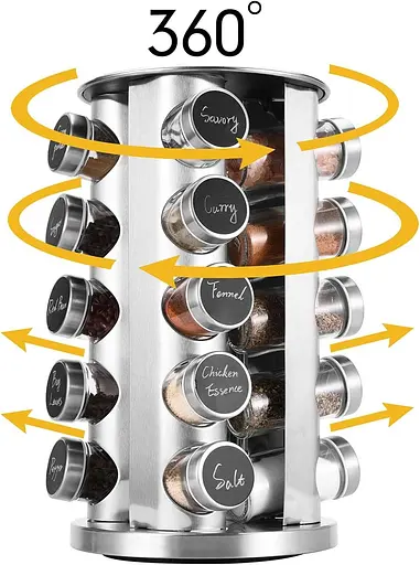 Обертовий органайзер для спецій Miorkly з 20 банками для спецій, товсті та міцні стійки для спецій, вільно стоїть карусельна банка - фото 3