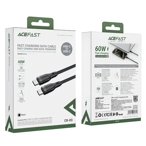 Кабель Acefast C8-03 USB-C to USB-C charging data cable чорний - фото 2