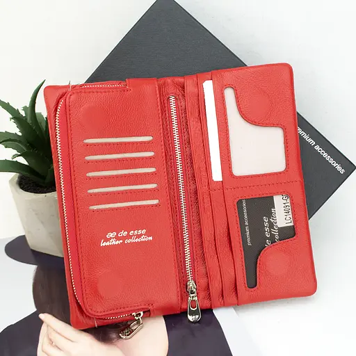 Гаманець жіночий шкіряний De Esse LC14091-GD02 на магнітах великий червоний - фото 5