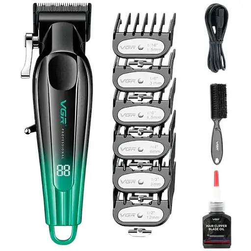 Акумуляторна машинка для стрижки VGR V-662 Green, 7000 RPM, 6 насадок, LED дисплей