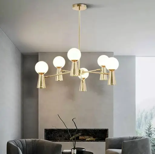 Золота люстра ABELINA з 6-ма білими плафонами на 2 джерела світла Line.F YG 8006/6+6 GD - фото 1