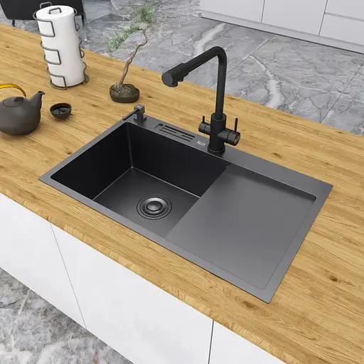 Чорна кухонна мийка Nett NB-7848(R) з правим крилом нержавійка 1.5 мм - фото 4