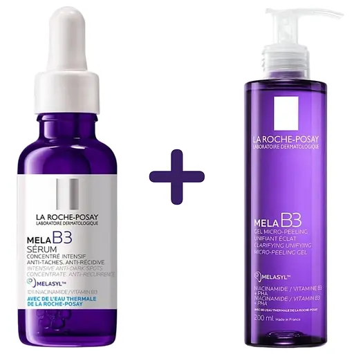 Набор La Roche-Рosay: Интенсивная сыворотка-концентрат Мела В3 против гиперпигментации кожи и для предотвращения ее повторного появления 30 мл + Очищающий гель-микропилинг Мела В3, способствующий выравниванию тона и приданию сияния коже 200 мл - фото 1