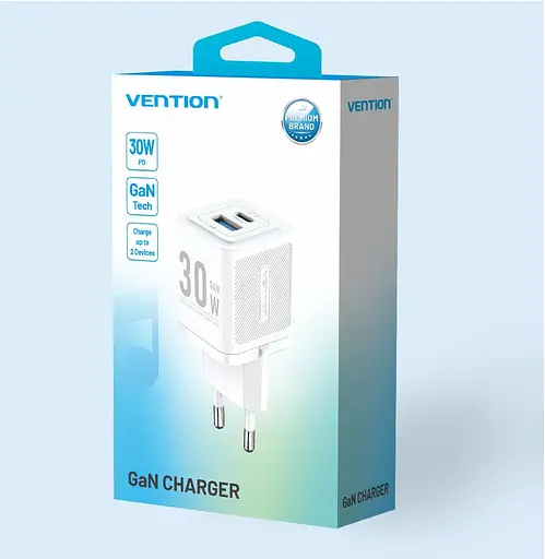 Мережевий зарядний пристрій Vention 2-Port USB (C + A) GaN Charger (30W/30W) EU-Plug білий - фото 2