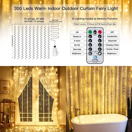Гирлянды для штор Ollny в помещении и на открытом воздухе, 300 светодиодов, 3 х 3 м, подвесные гирлянды с водопадом - фото 5