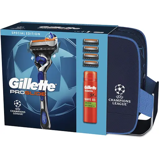 Подарунковий набір Gillette Fusion 5 UEFA Champions League Special Edition: станок для гоління чоловічий Proglide Flexball з 4 змінними картриджами + гель для гоління для чутливої шкіри 200 мл + Косметичка - фото 2