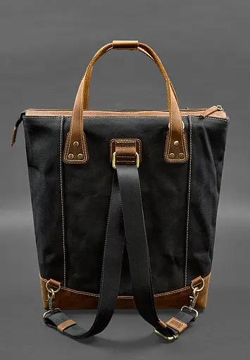 Сумка-рюкзак з канвасу та натуральної світло-коричневої шкіри - фото 4