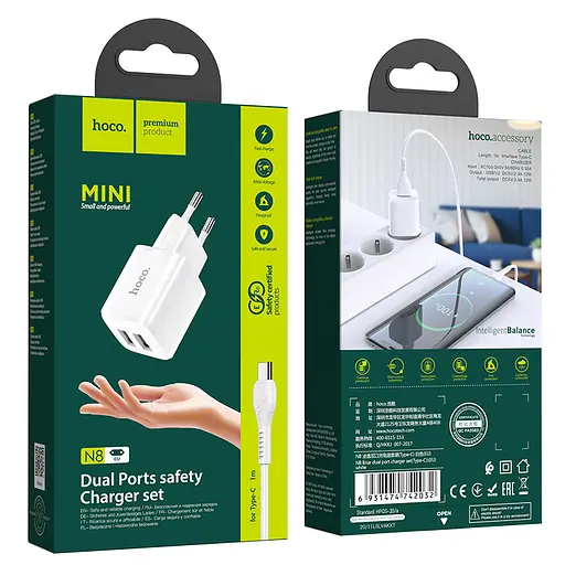 Комплект Адаптер сетевой HOCO Type-C Cable Briar dual port charger set N8 2USB белый - фото 8
