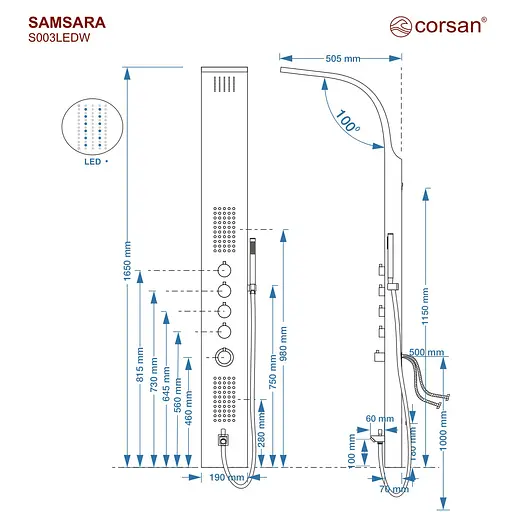 Душова панель Corsan Samsara inox LED з виливом та термостатом S003TSLLEDW, Нержавіюча сталь - фото 5