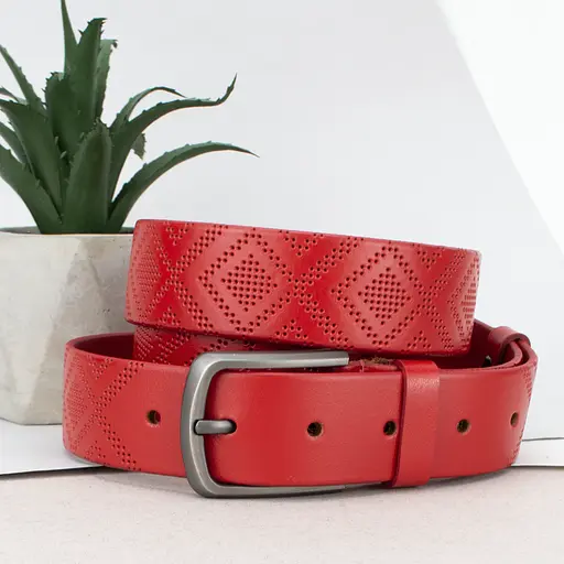 Ремінь жіночий червноий шкіряний JK-3556 (120 см) з вишиванкою - фото 1