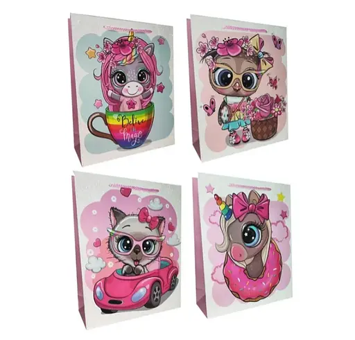 Подарочный пакет картонный, 200 г/м², Зверята, 31x42x12 см, 4 шт. в упаковке (в ассортименте)