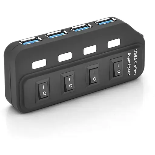 Хаб USB 3.0, 4 порти, з перемикачами, підтримка до 2TB, 5Gb/s, кабель 0,6м, Блістер