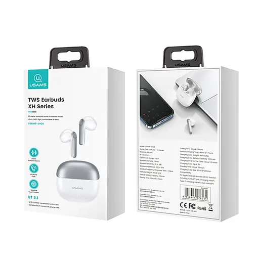 Бездротові навушники Usams Earbuds XH09, TWS, BT5.1, 35mAh, 300mAh, 5.5h, white - фото 6