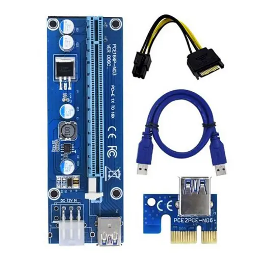 Райзер QUBE PCI-E x1 to 16x 60cm USB 3.0 Cable SATA to 6Pin Power PCE164P-NO3 ver 009S - фото 1