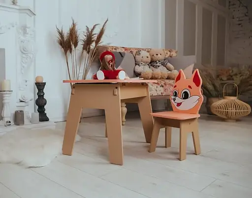 Дитячий стіл з ящиком + стільчик для навчання та гри (Помаранчовий з лисеням) - фото 3