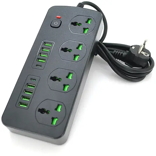 Мережевий фільтр Т25, 4 розетки + 8 USB + 2 PD, 2 м, перетин 3х0, 75мм, 3000W, Black, Box