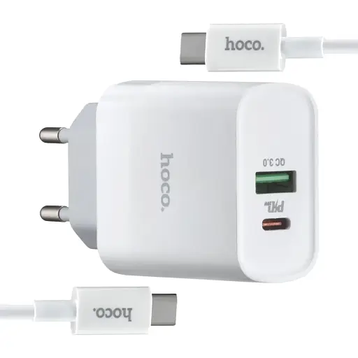 Мережевий зарядний пристрій Hoco C80A Rapido PD20W + QC3.0 charger set Type-C to Type-C ( EU ) Білий - фото 1