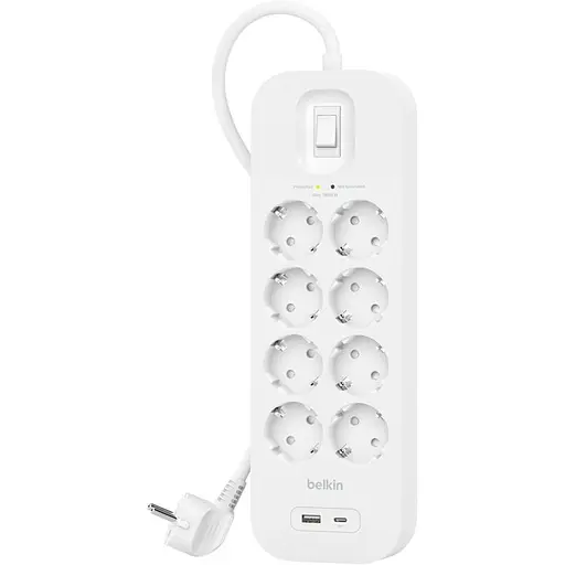Підовжувач-фільтр Belkin мережевий 8хТип F, 3x1.5 мм кв, 16 А, USB-A/USB-C 18 Вт, з захистом від перенапруги, 2 м, білий - фото 2