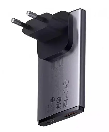 Мережевий зарядний пристрій Baseus GaN5 Pro Ultra-Slim 65 W (2 порти C+U) з кабелем 100 W (CCGP150113) сіре - фото 3