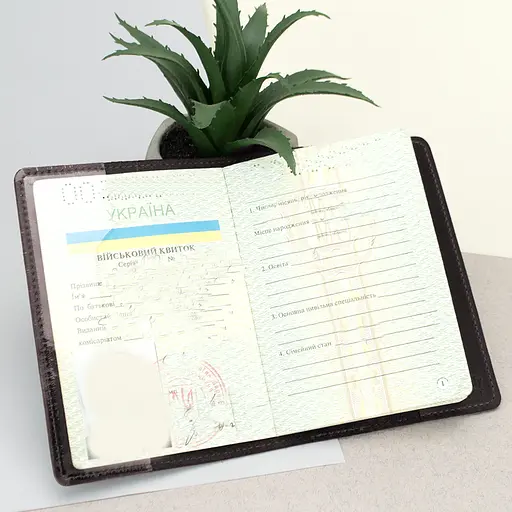 Обложка  на военный билет кожаная (коричневая) с прозрачным клапаном - фото 2