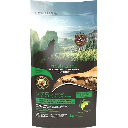 Сухий корм Ambrosia Mediterranean для дорослих собак усіх порід з ягням 100 г