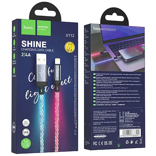 Дата кабель Hoco U112 Shine 2.4A USB to Lightning (1m) Gray - фото 3