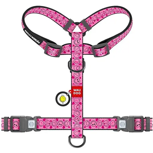 Шлейка для собак Waudog Nylon анатомическая H-образная с QR-паспортом, рисунок "Смайлики на розовом", пластиковый фастекс, M - фото 2