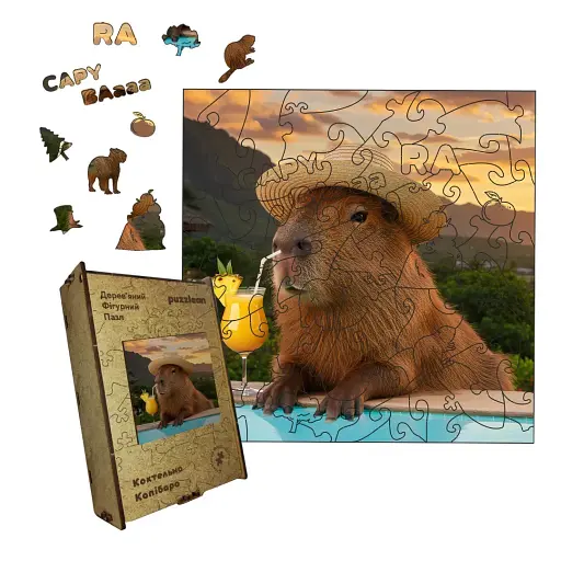 Деревянный пазл Коктейльная Капибара, А4, Картонная коробка 100 элементов