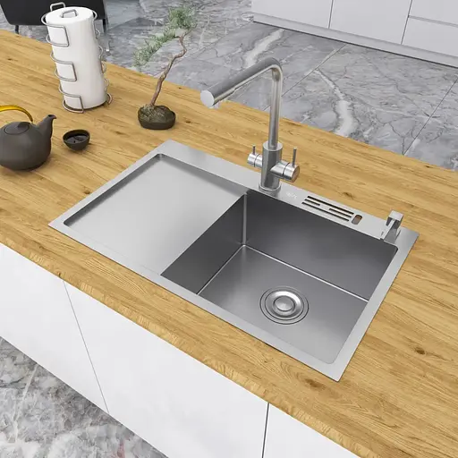 Кухонна мийка Nett NS-7848(L) з нержавіючої сталі з лівим крилом накладна - фото 4