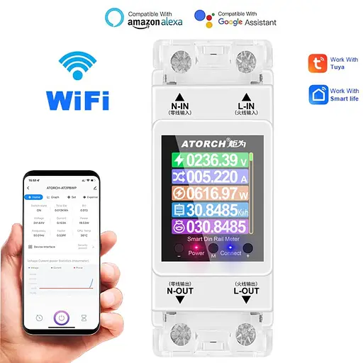 Розумний лічильник електроенергії з wifi, екраном та 4-ма видами захисту на DIN рейку до 100 ампер Atorch AT2PW (100973) - фото 2