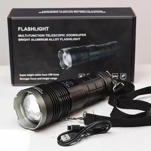 Потужний ручний ліхтар AK138 4х18650 акумуляторний тактичний White Laser Powerbank IP44 Type-C zoom Чорний - фото 2