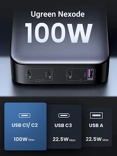 Зарядное устройство 4xUSB 100W 3хUSB-C+USB-A Gan Nexode черный CD328 Ugreen Desktop Fast Charger - фото 6