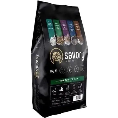 Сухой корм Savory для кошек гурманов со свежей индейкой и уткой 8 кг - фото 1